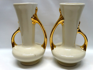 2 Vintage Pearl China Co Iridescent Cream Vases w/22 kt Gold Double Handled #105
