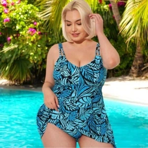 Swimsuits for All Blue Leaves V-Neck Swim Dress Top Vacation Resort Beach 22 - Picture 1 of 9