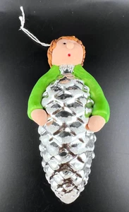 Handmade Christmas Ornament Angel Holding Silver Pine Cone Holiday Decor Unique - Picture 1 of 3