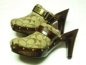 VINTAGE COACH SIGNATURE MONOGRAM BUCKLE STUDDED CLOG MULE BROWN /TAN SIZE 8 B - Picture 1 of 5
