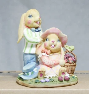 Boy Girl Picnic Basket Bunny Figurine Resin Apple Easter - Picture 1 of 6