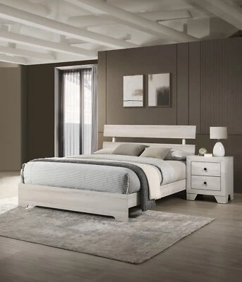 Rustic 3Pc Twin Size Platform Bed 2x Nightstand Set Cream Bedroom Furniture - Image 1 of 4