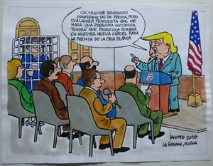 DONALD TRUMP Ataques Medios de Noticias Falsas / Dibujo de Dibujos Animados Cubanos de Lacoste ARTE CUBA - Imagen 1 de 5