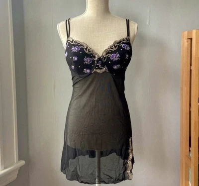 Mujer Delicado Gótico Negro y Púrpura Malla Floral Bordado Encaje Slip Talla L Foto 1 de 4