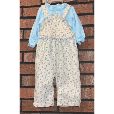 Vintage Little One's Girls 2 pc Corduroy Floral Overall Set Size 12M Blue Shirt - Image 1 of 4