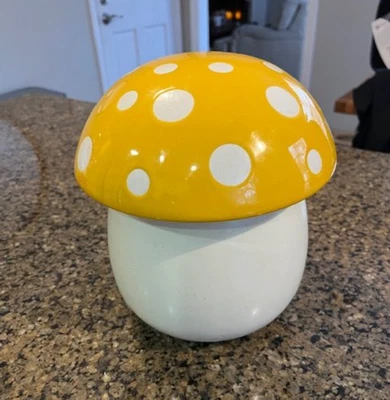 World Market Ceramic Mushroom air tight Cookie Jar Body Yellow Polka Dot Lid 8" - Image 1 of 4