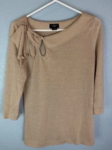 Deletta Top Womens Medium Gold Metallic Bow Detail 3/4 Sleeve Pullover Top - Picture 1 of 9