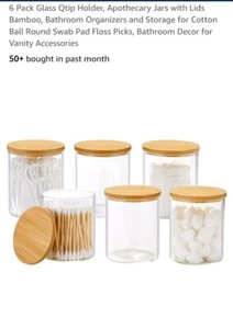 6 Pack Glass Qtip Holder, Apothecary Jars with Lids Bamboo, Bathroom Organizers - Picture 1 of 5