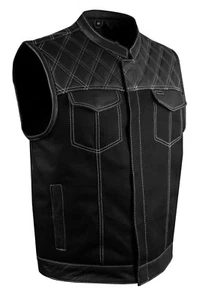 SOA Men's Motorcycle Club Denim & Leather Vest Concealed Carry Pocket Multicolor - Picture 1 of 29
