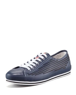 100% AUTH USED MEN PRADA BLUE PERFORATED CAP TOE LOW TOP SNEAKERS UK 9.5/US 10.5 - Image 1 of 4