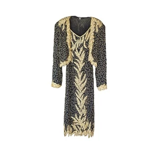 Women's Black Gold Beaded Silk Dress With Matching Jacket Large - Picture 1 of 12