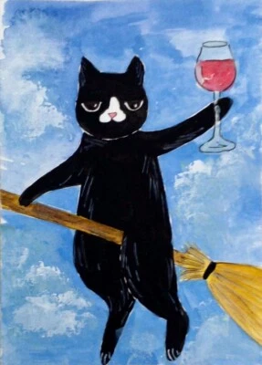 ACEO Original Painting Watercolor Black Cat With Wine Glass Valentine's day Art - Image 1 of 2