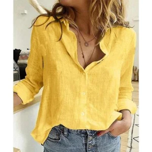 Womens Button Down Shirt Long Sleeve Collared Casual Linen Cotton Blouse Tops - Picture 1 of 6