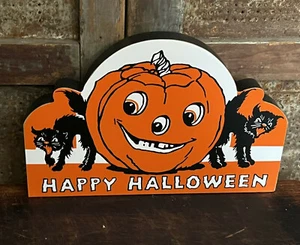 FELIZ HALLOWEEN Grueso Estante Cuidador Vint Retro Gato Negro Jack O Linterna Calabaza - Imagen 1 de 3