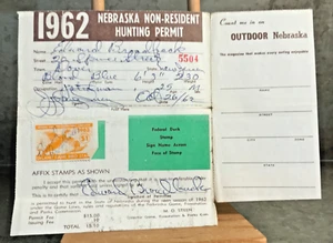1962 Nebraska Hunting Permit Non Resident w Upland Game Bird Stamp License - Picture 1 of 3