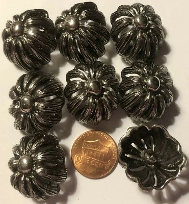 8 Oval Silver Tone Metal Heavy Domed Pierced Flower Buttons 1" 25mm US Made 6407 - Image 1 of 4