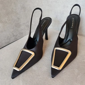 Gianni Bini slingback pumps 10 black satin pointy chunky buckle heels new $100 - Picture 1 of 16