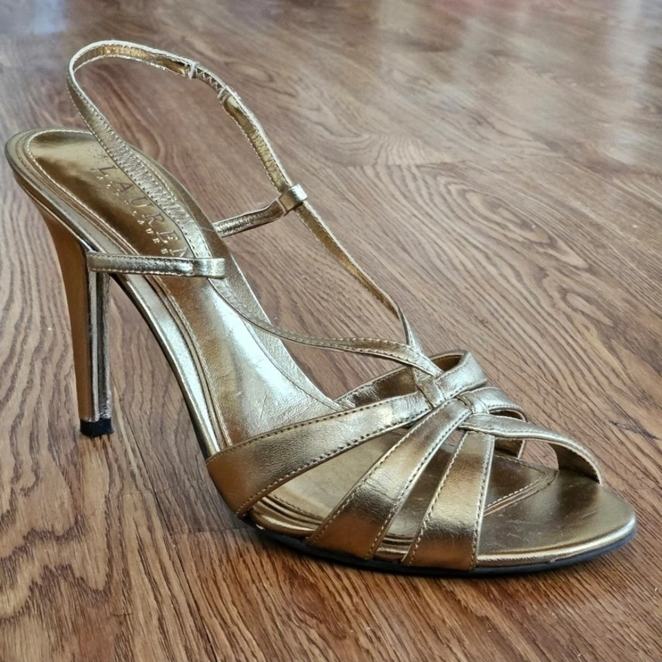 TACONES DE NOCHE LAUREN RALPH LAUREN DORADOS CON CORDONES PARA MUJER TALLA 7,5B Foto 1 de 4