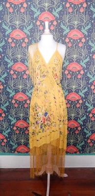 Asos 黄色刺绣条纹钢琴披肩裹身连衣裙 NWT US 6 — 第 1/4 张图片