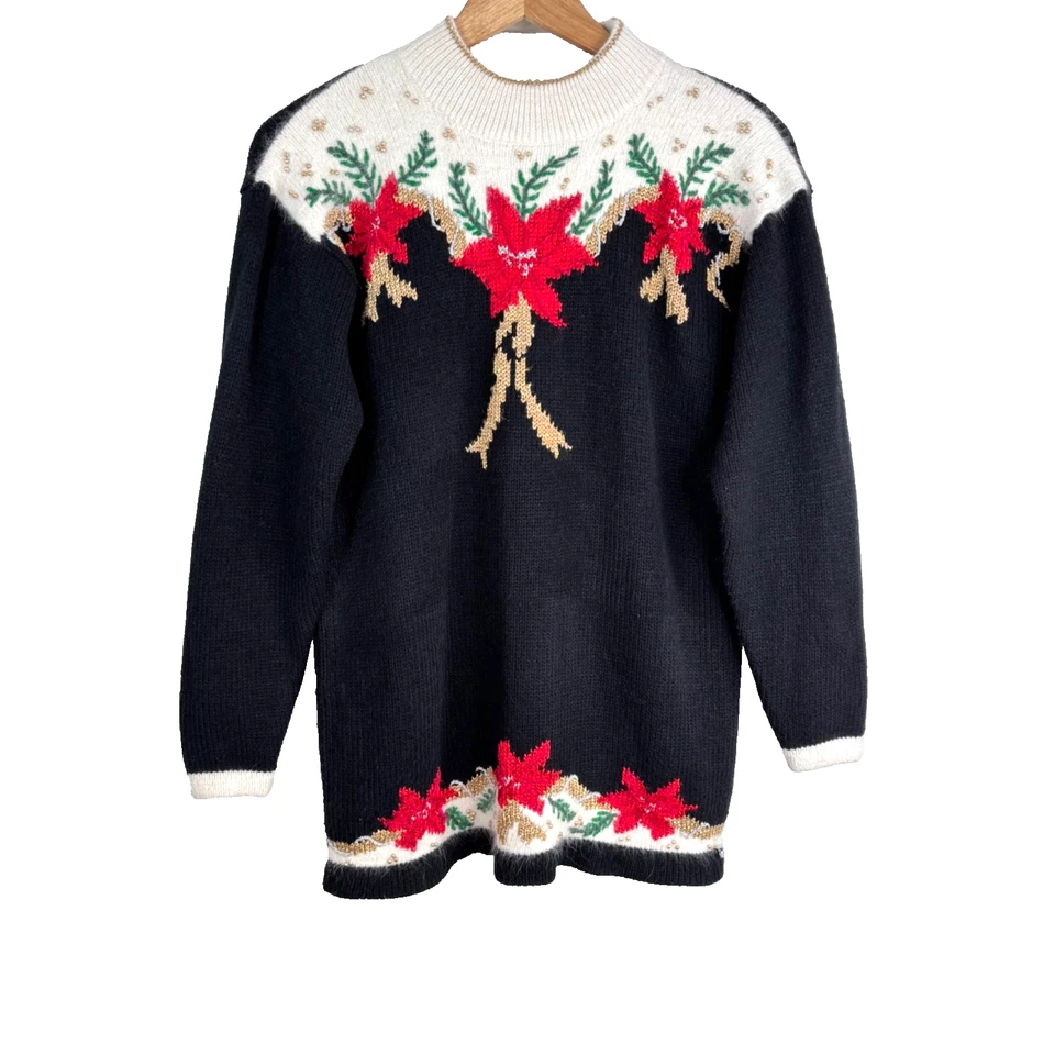 Suéter Feo Navidad Dana Scott Años 90 De Colección S Cuentas Flor de Pascua Bordado Foto 1 de 4
