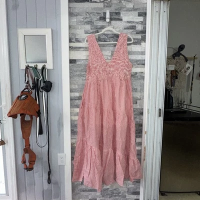 Maxi Vestido Free People Fluido Blanco Rosa Rayas Bolsillos XL Extra Grande Boho Chic Foto 1 de 4