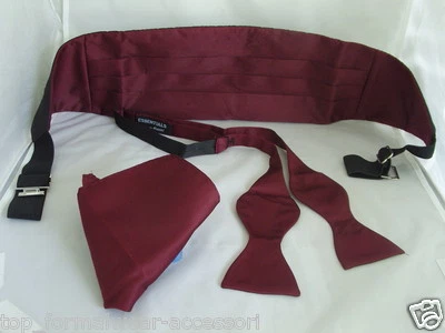 ESSENTIALS BY MANUEL Dark Burgundy Wine Mens Polyester Self-tie Bow tie + Cummerbund and Hankie Set