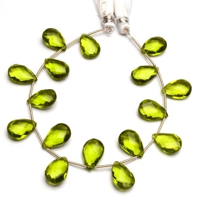 Olive Green Peridot Color Quartz Faceted 14x9 mm Pear Briolette Beads 7" Strand - Image 1 of 4