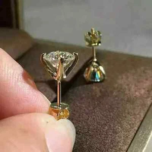 Lab Created Diamond 2Ct Round Cut Solitaire Stud Earrings 14K Yellow Gold Plated - Picture 1 of 6