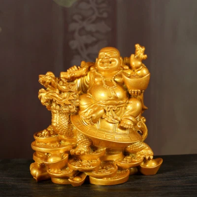 Estatuas de Buda Riendo Feng Shui Chino Montado en Lingote Dragón Escultura Retro Foto 1 de 4