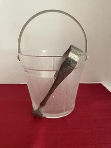 Vintage Ice Bucket Mid Century Frosted Etched Glass Metal Handle & Tongs - Picture 1 of 12