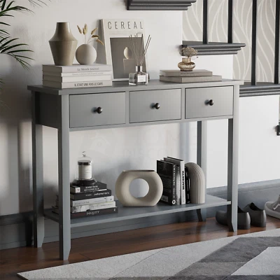 Console Table 3 Drawer Grey Storage Wood Side Sofa Hallway Entrance Furniture - Image 1 of 4