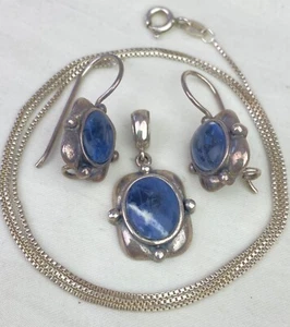 STERLING SET Blue Gemstone Pendant Necklace Pierced Earrings 8.5g - Picture 1 of 14