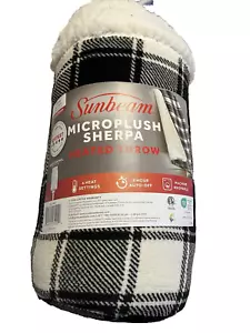 SUNBEAM MICROPLUSH SHERPA HEATED THROW 50" X 60" BLACK & WHITE - Picture 1 of 1