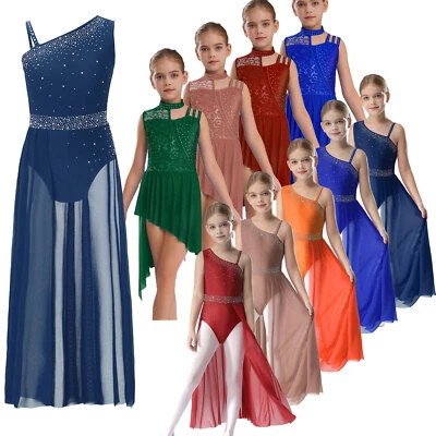 Girls Sparkly Lyrical Dance Costume Asymmetrical Ballet Leotard Modern UK - Image 1 of 4