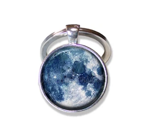 Blue Moon Himmlische Wissenschaft - handgefertigter RUNDER Glas Anhänger Schlüsselanhänger SCHLÜSSELRING - Bild 1 von 7