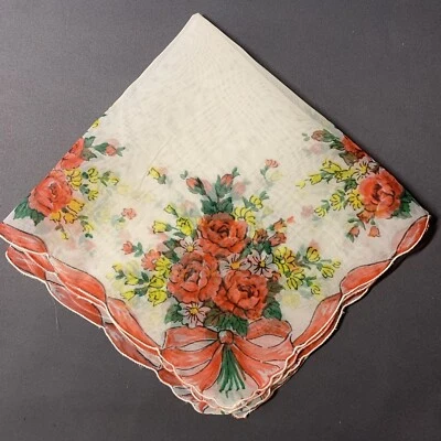 Vintage Red Roses Ribbons Bouquet Sheer Hankie Scalloped Edges 13" Holiday - Image 1 of 4
