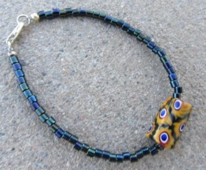 BLACK BRACELET GLASS W/GENUINE VENETIAN MURANO MILLEFIORI BLACK/YELLOW ACCENT   - Picture 1 of 5