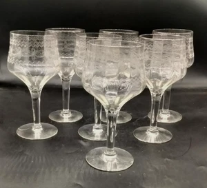 Antique Hand Blown Needle Etched Line Pattern Wine Glasses Set of 7 1910-1920 - Picture 1 of 6