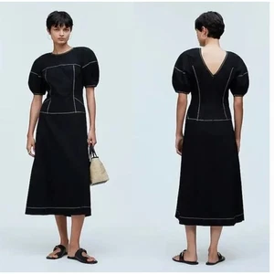 Madewell Drop Waist Dress Puff Sleeve Midi Dress 8 NWT Black White Stitch Resort - Picture 1 of 6