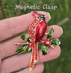 Jeweled Red Cardinal Holly MAGNETIC BROOCH. Christmas brooch. Cardinal jewelry - Picture 1 of 7
