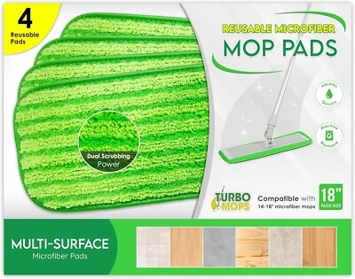 TURBO 18" Microfiber Mop Pads 4 Pack, Reusable Washable Cloth Mop Head Replacements