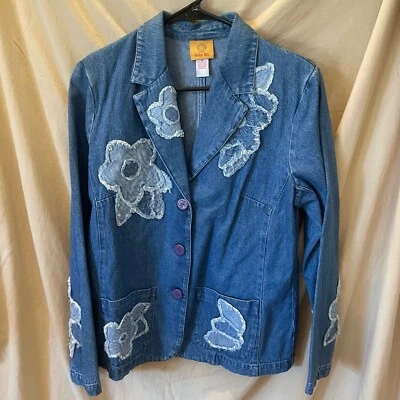 Ruby Road Women Blue Jean Jacket Blazer Denim Flowers Cotton Button Front Sz 8 - Image 1 of 4