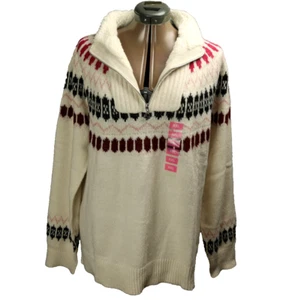 Adrienne Vittadini Half Zip Fair Isle Pullover Sherpa Trim Logo Oatmeal XXL - Picture 1 of 24