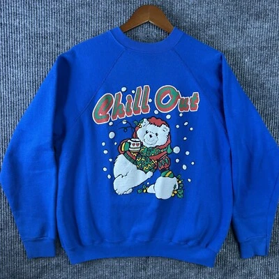 复古冬季运动衫男式大号北极熊冷却蓝色 Tultex 标签 — 第 1/4 张图片