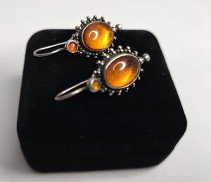 925 Sterling Silver Baltic Amber Dangle Hook Earrings 4.94g Vintage Style - Picture 1 of 7
