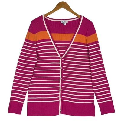 D & Co 开衫毛衣粉色白色橙色条纹纽扣正面尺寸 M Y2K Preppy — 第 1/4 张图片