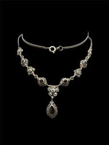 Collana pendente argento sterling onice nero e fiore marcasite lariat y vintage - Foto 1 di 14