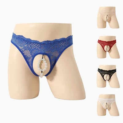 Men Sissy Lace Panties Underwear with Front Opening Pearl Cock Ring Briefs - image 1 of 4