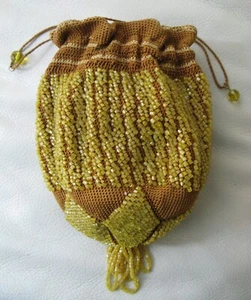 Antique Brown Crochet Mustard Yellow Bead Tassel Kid Glove Leather Lined Purse - Picture 1 of 15