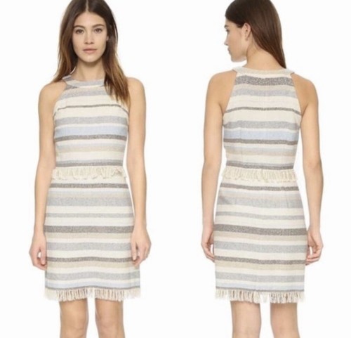 Abito in tweed senza maniche Tory Burch grigio crema finiture con frange a righe ~ taglia 2